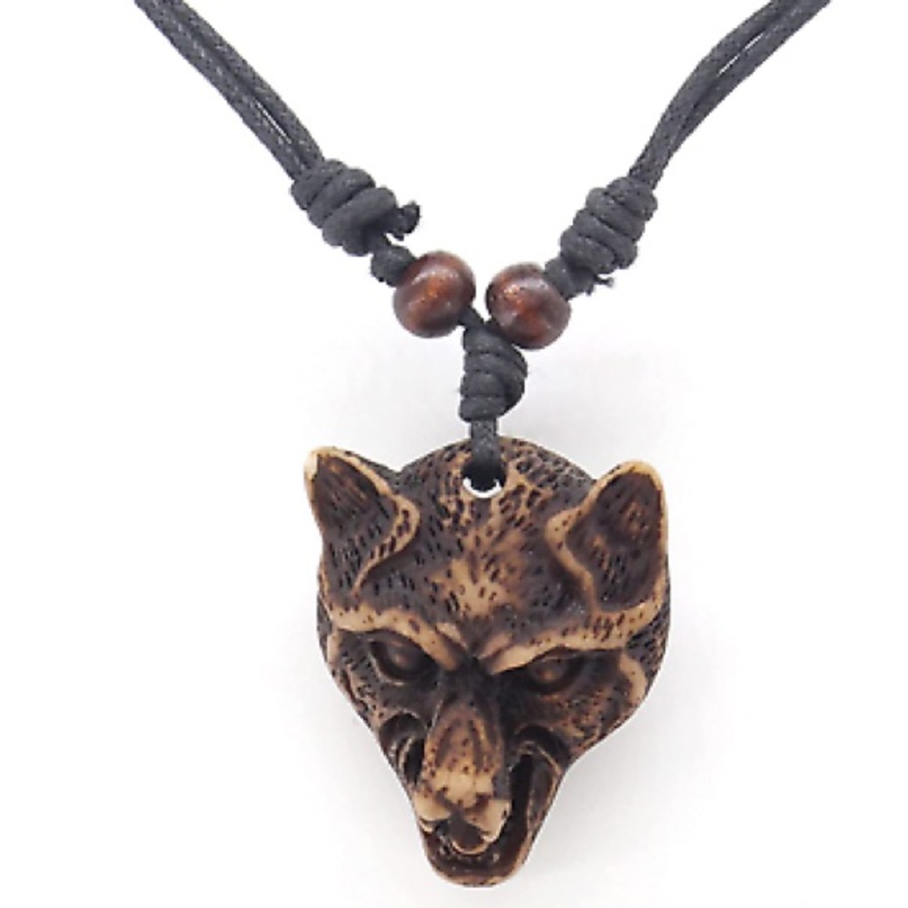 New Wisdom Wolf Native Yak Bone Carved Brown Head Leather Wood Bead Necklace